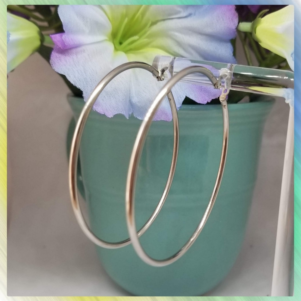 Silver Classic Circie Stainless steel Hoop Earrings   1 1/2